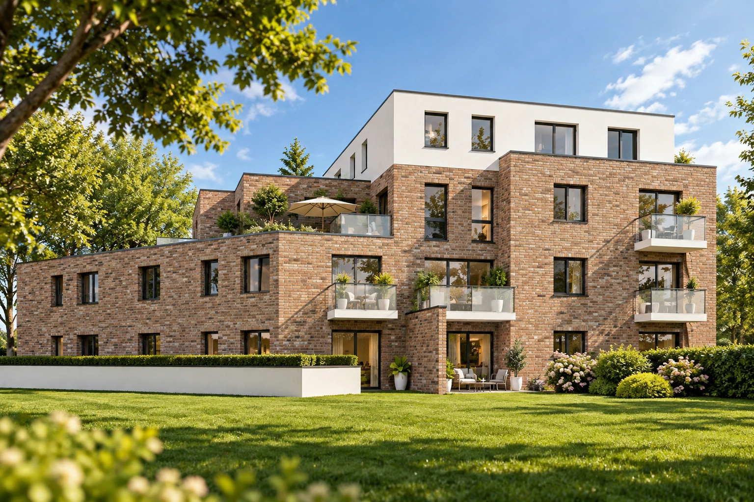 Wohnhaus mit Klinkerfassade, Balkonen und Garten